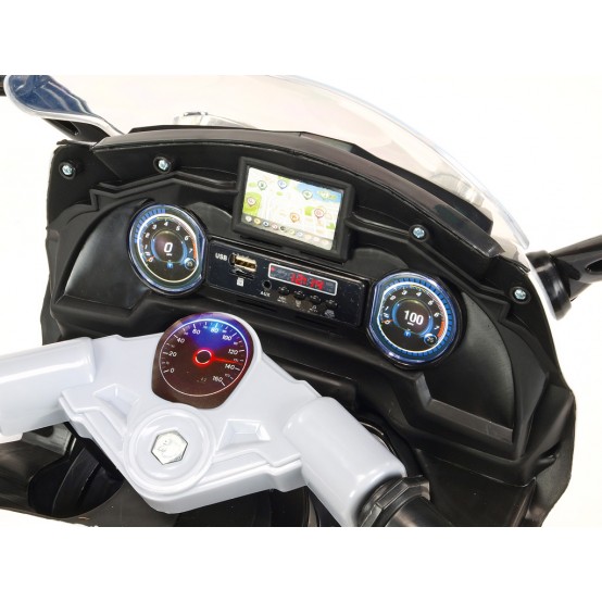 Silniční závodní motorka se dvěma motory, MP3, USB, TF, LED osvětlením a koženou sedačkou, BÍLÁ